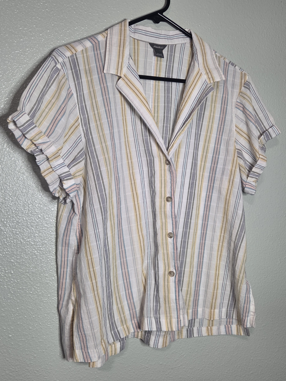Eddie Bauer Striped Button-Down Short Sleeve Top in White, Yellow & Gray - Picture 5 of 9